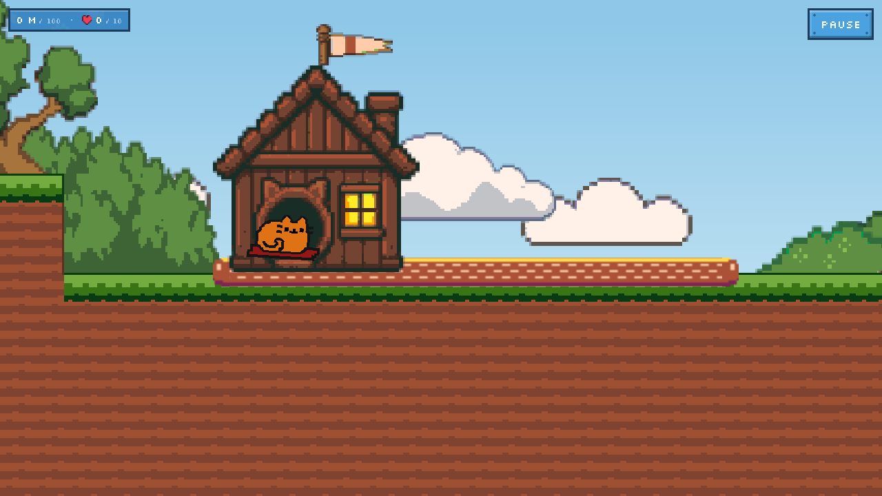 Nine Lives gameplay: the orange cat resting at its starting cabin under a blue pixel sky