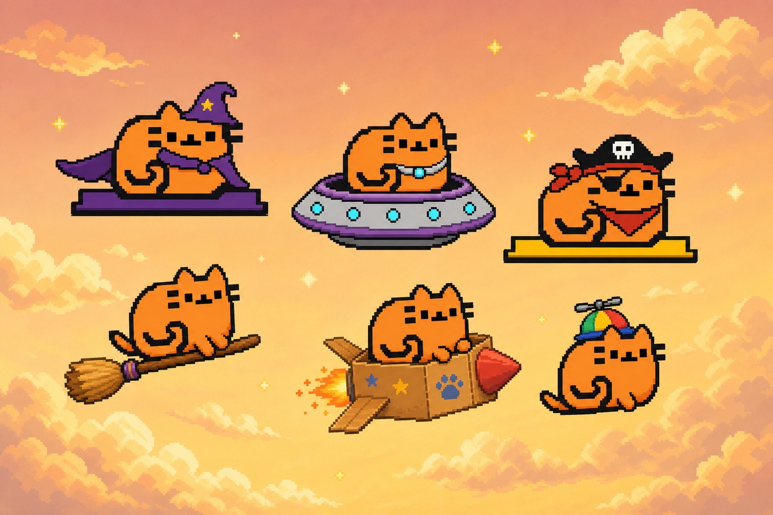 The Nine Lives cat flying in six different costumes: wizard, UFO, pirate, broomstick, box rocket and propeller cap